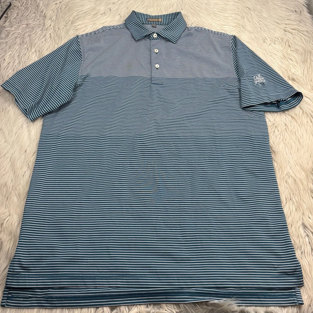 Peter Millar Men's L Teal Stripe Summer Comfort SS Polo Oregon Gold Club